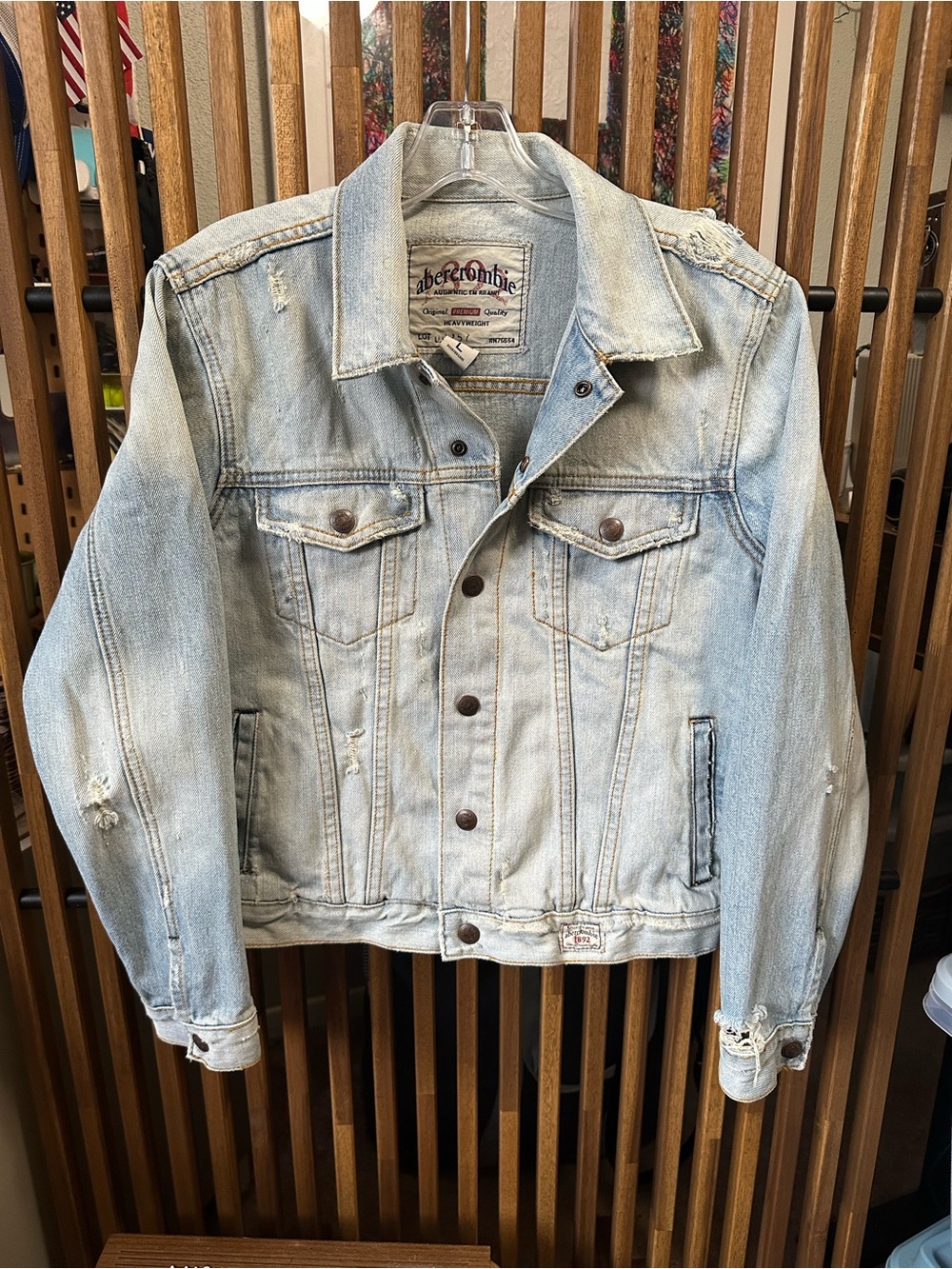 Vintage Abercrombie & Fitch Distressed Denim Trucker Jacket Light Wash Large Y2K